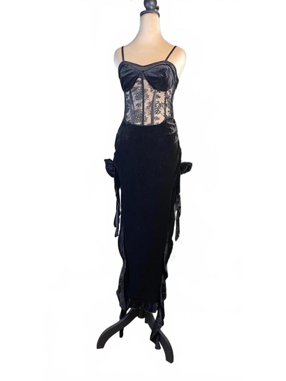 Gothic Royalty Black Lace and Velvet Maxi Dress with Corset Detail Size Small